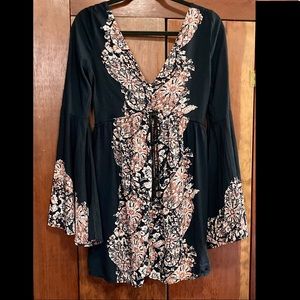Boho festival dress with bell sleeves and low back black floral s Abercrombie